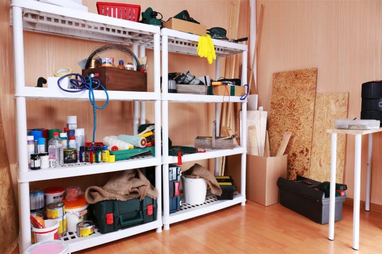 heavy duty shelves in a garage with workshop tools