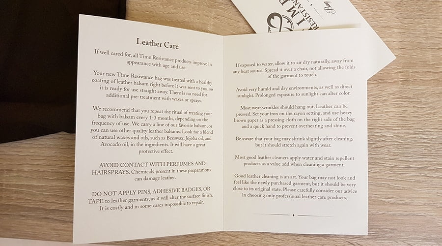 Leather care instructions for Time Resistance Messenger Bag 'On The Road'