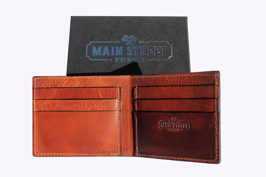 Main Street Forge Leather Bifold Wallet (Tobacco snakebite brown) and the box