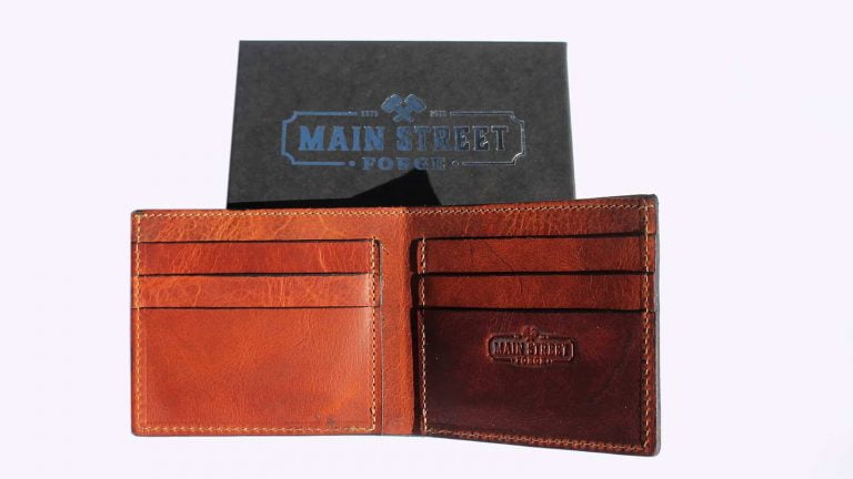 Main Street Forge Leather Bifold Wallet (Tobacco snakebite brown) - Open