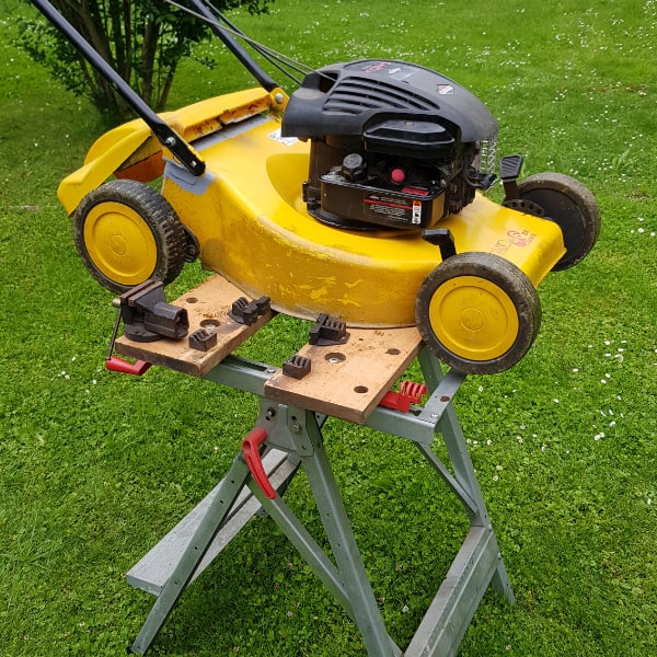 lawn mower on a stand