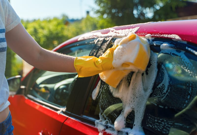 Woman in gloves washes car windows with sponge