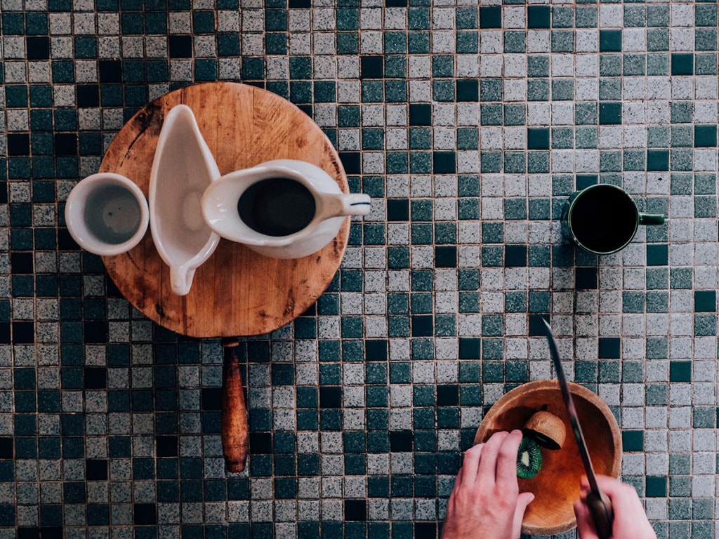 Jugs on a tiled countertop