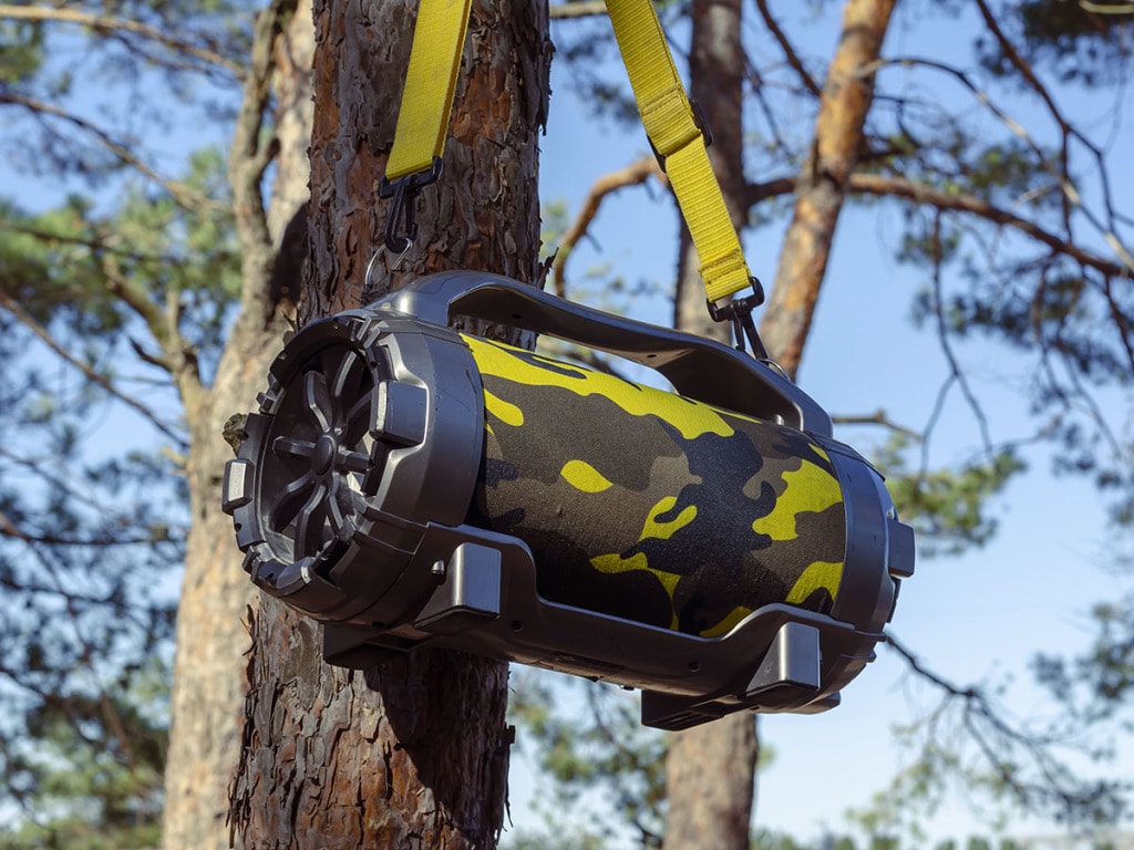 Portable speaker hanging from tree